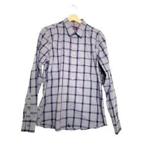 Untuckit Grey Blue Cotton Plaid Long Sleeve Button-front Oxford Large L
